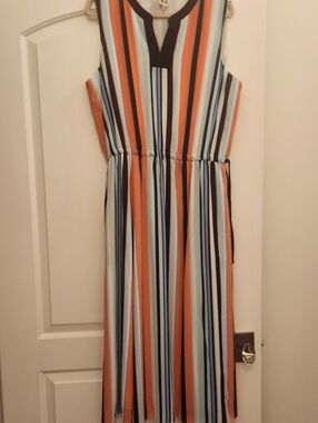 Anne Klein Striped Sleeveless Midi Dress in Orange, Light Blue & Black